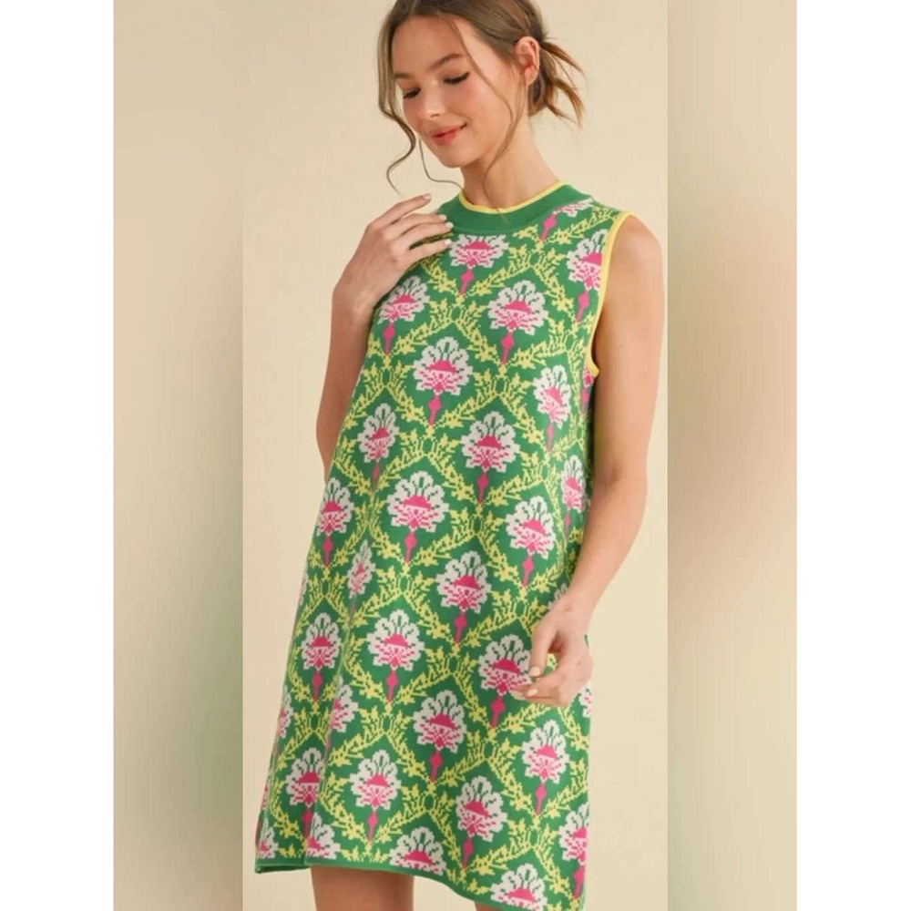JODIFL Green Floral Damask Sleeveless Knit Dress Sz. Medium NWT Preppy Dopamine